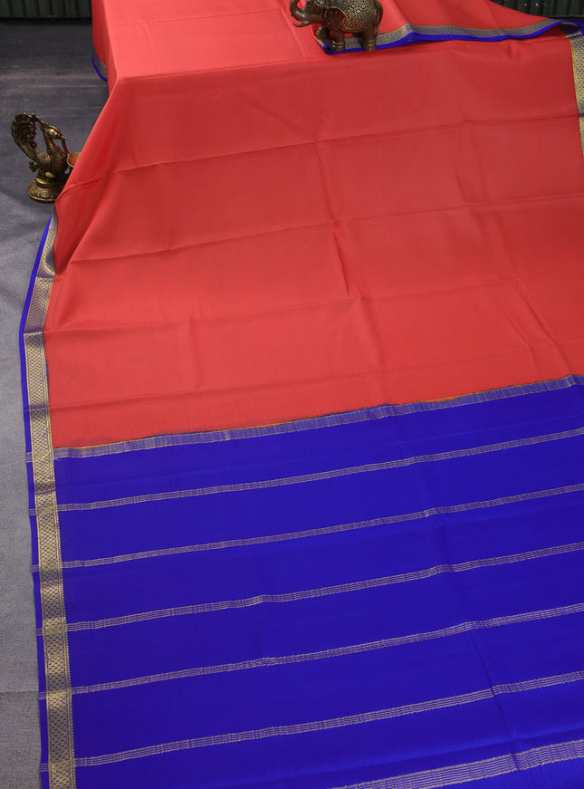 Pure mysore silk saree peach orange and blue with plain body and zari woven border