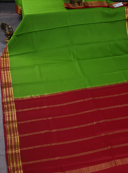 Pure mysore silk saree light green and maroon with plain body and zari woven border