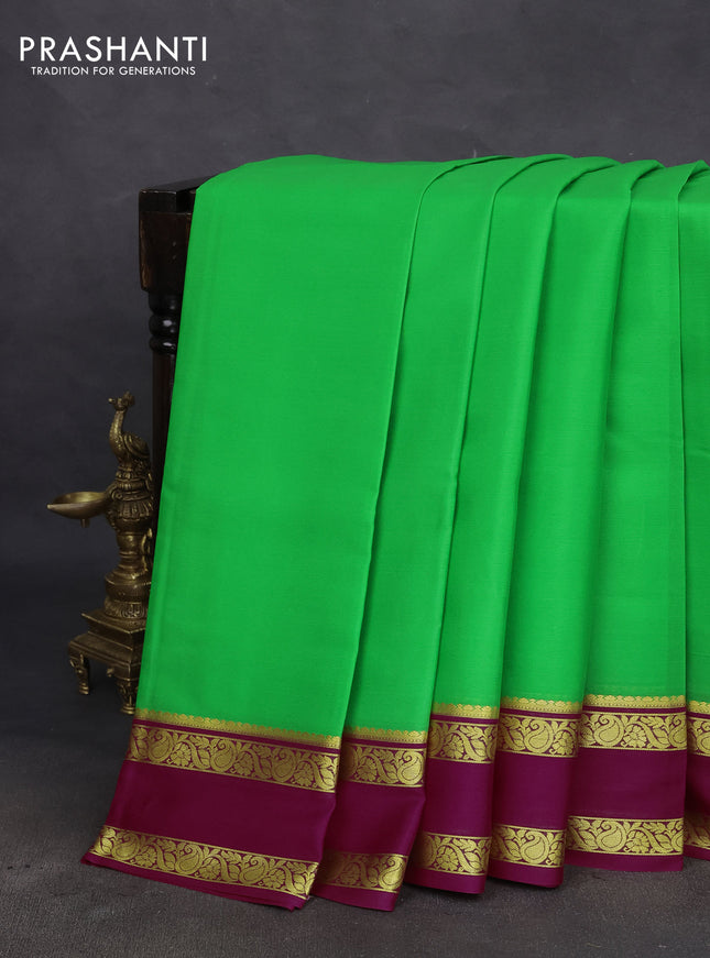 Pure mysore silk saree light green and pink with plain body and rettapet zari woven border