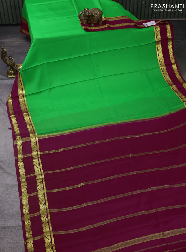 Pure mysore silk saree light green and pink with plain body and rettapet zari woven border