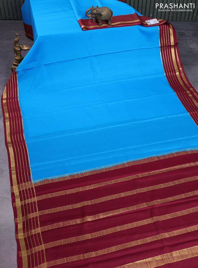 Pure mysore silk saree cs blue and maroon with plain body and zari woven border