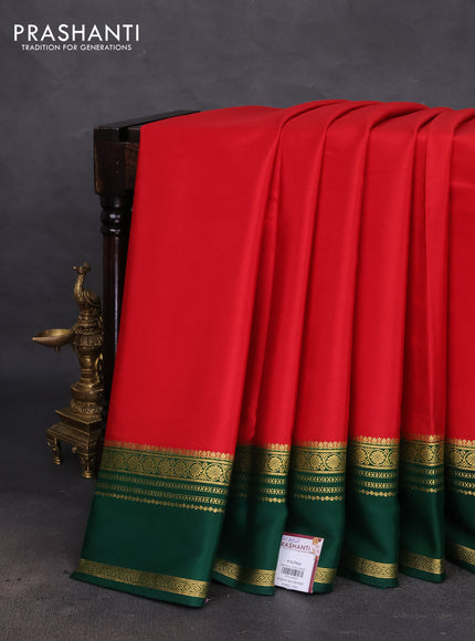 Pure mysore silk saree red and green with plain body and rettapet zari woven border