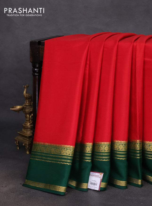 Pure mysore silk saree red and green with plain body and rettapet zari woven border