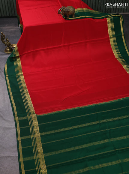 Pure mysore silk saree red and green with plain body and rettapet zari woven border