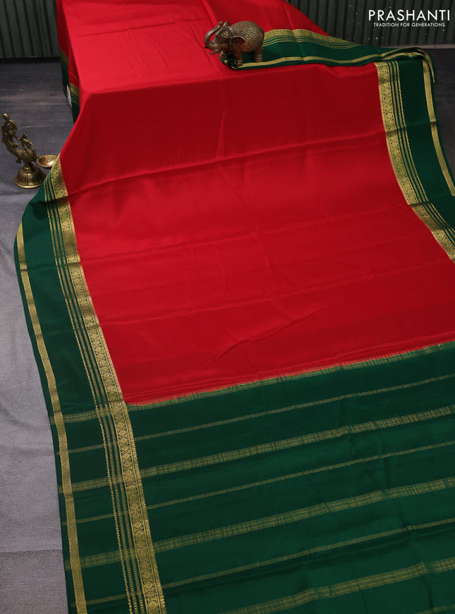 Pure mysore silk saree red and green with plain body and rettapet zari woven border