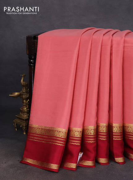 Pure mysore silk saree peach shade and maroon with plain body and rettapet zari woven border