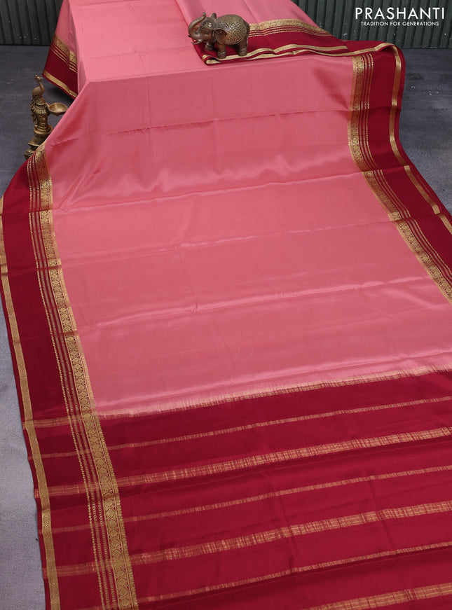 Pure mysore silk saree peach shade and maroon with plain body and rettapet zari woven border