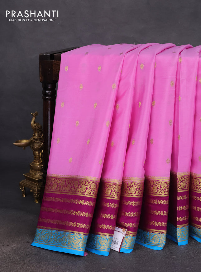 Pure mysore silk saree light blue and purple blue with zari woven buttas and long zari woven border