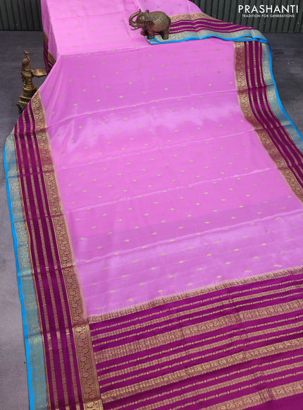 Pure mysore silk saree light blue and purple blue with zari woven buttas and long zari woven border