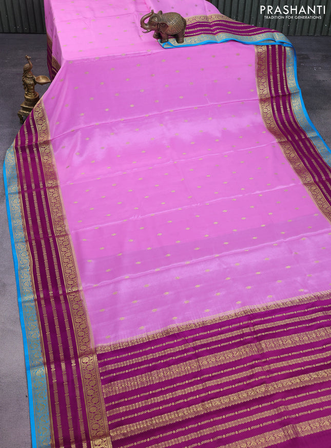 Pure mysore silk saree light blue and purple blue with zari woven buttas and long zari woven border