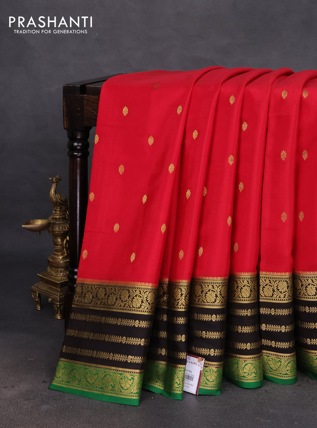 Pure mysore silk saree red and coffee brown green with zari woven buttas and long zari woven border