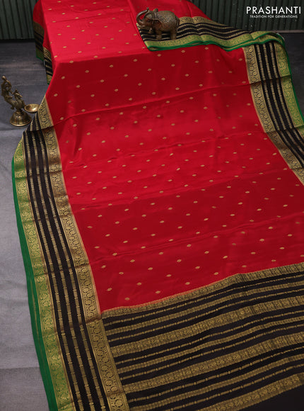 Pure mysore silk saree red and coffee brown green with zari woven buttas and long zari woven border