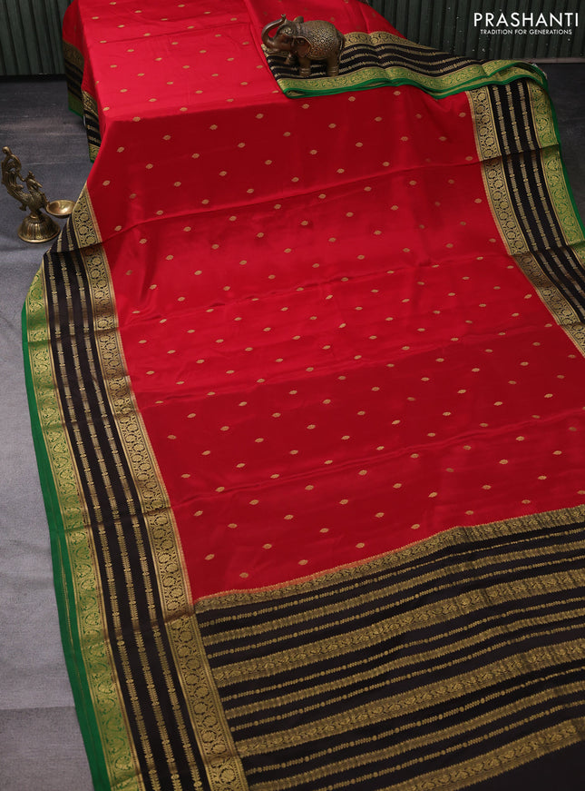 Pure mysore silk saree red and coffee brown green with zari woven buttas and long zari woven border