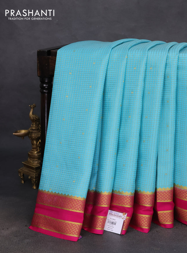 Pure mysore silk saree light blue and pink with allover small zari checked pattern and rettapet zari woven border