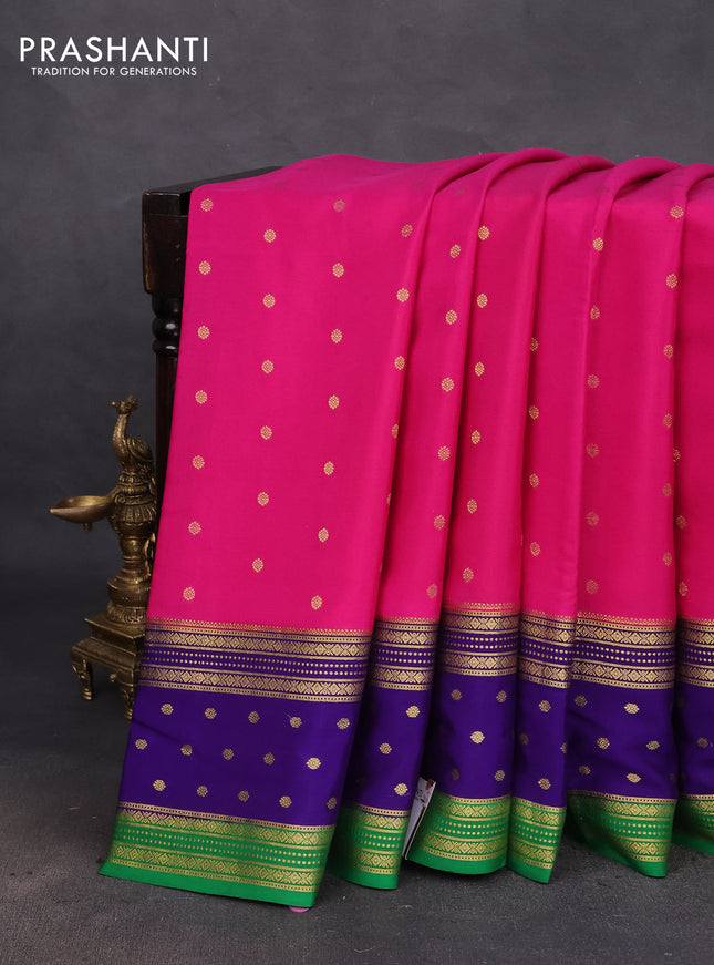 Pure mysore silk saree pink and blue green with zari woven buttas and long zari woven border