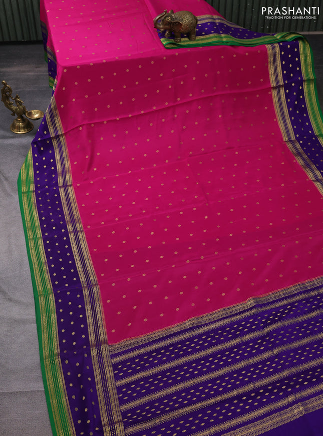 Pure mysore silk saree pink and blue green with zari woven buttas and long zari woven border