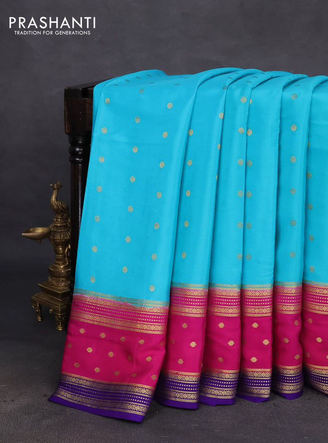 Pure mysore silk saree teal blue and pink blue with zari woven buttas and long zari woven border