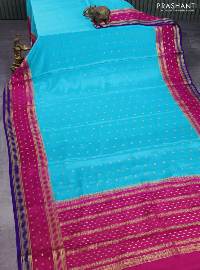 Pure mysore silk saree teal blue and pink blue with zari woven buttas and long zari woven border