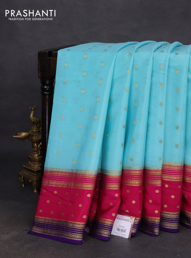 Pure mysore silk saree teal blue and pink blue with zari woven buttas and long zari woven border