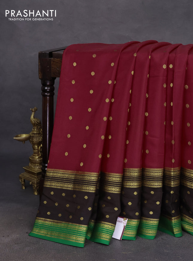 Pure mysore silk saree red and black green with zari woven buttas and long zari woven border