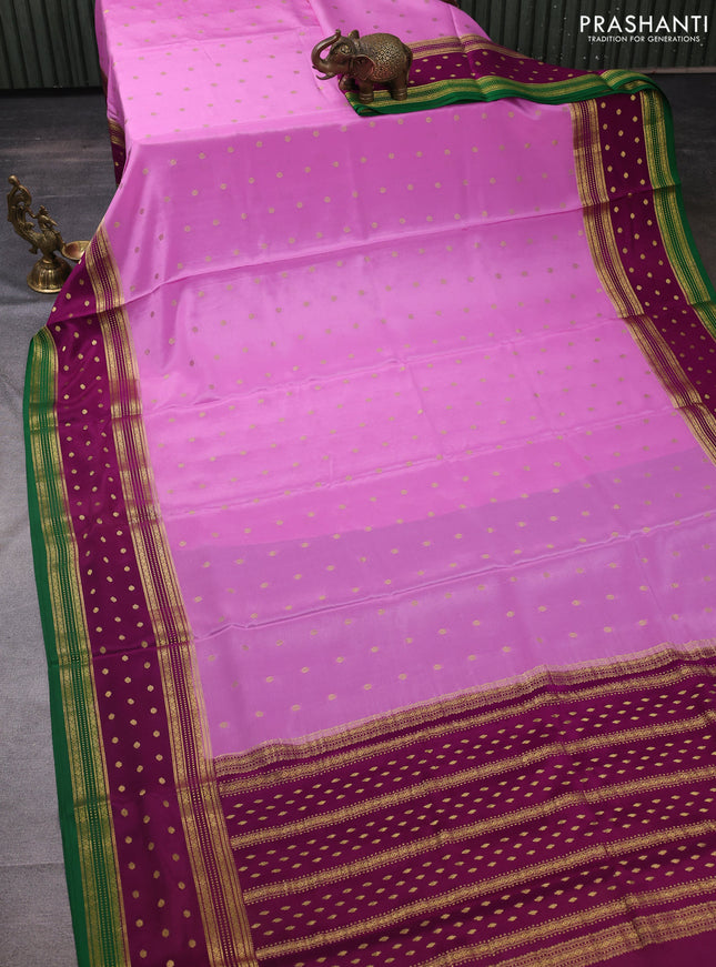 Pure mysore silk saree light pink and purple green with zari woven buttas and long zari woven border