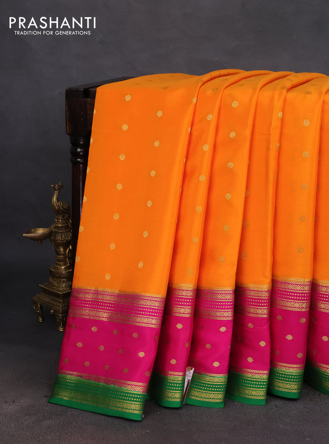 Pure mysore silk saree orange and pink green with zari woven buttas and long zari woven border