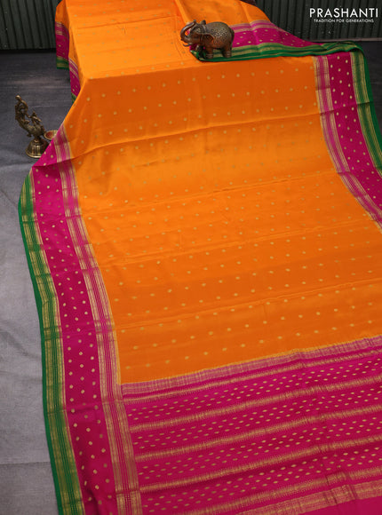 Pure mysore silk saree orange and pink green with zari woven buttas and long zari woven border