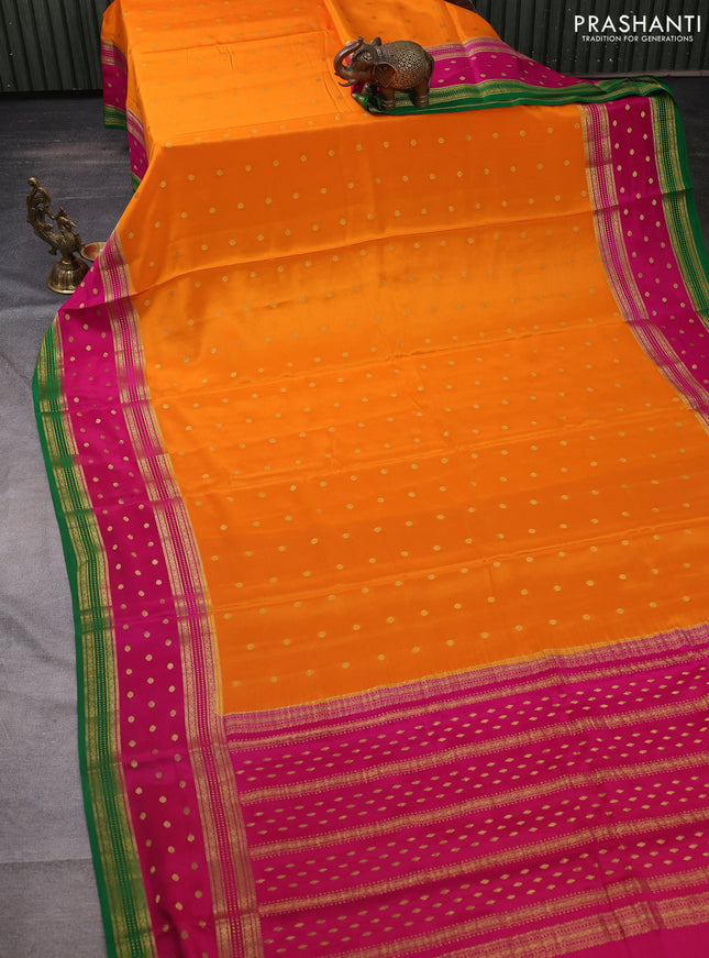 Pure mysore silk saree orange and pink green with zari woven buttas and long zari woven border
