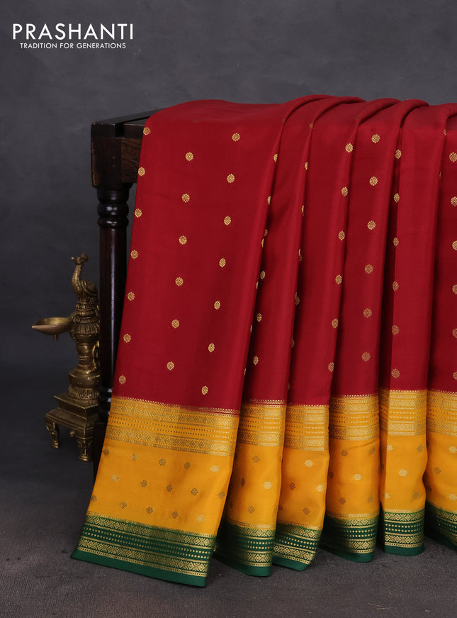 Pure mysore silk saree maroon and mustard yellow green with zari woven buttas and long zari woven border