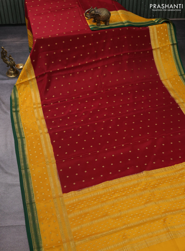 Pure mysore silk saree maroon and mustard yellow green with zari woven buttas and long zari woven border