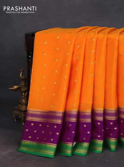Pure mysore silk saree orange and purple green with zari woven buttas and long zari woven border