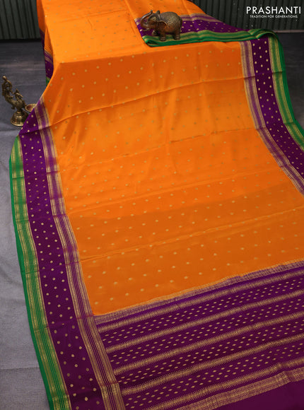 Pure mysore silk saree orange and purple green with zari woven buttas and long zari woven border