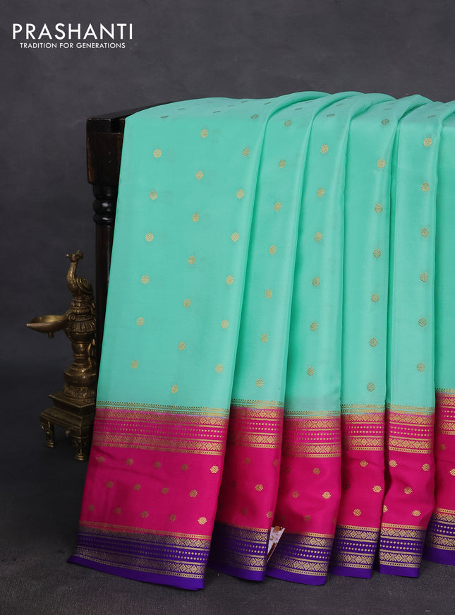 Pure mysore silk saree teal green and pink blue with zari woven buttas and long zari woven border