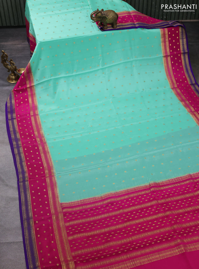 Pure mysore silk saree teal green and pink blue with zari woven buttas and long zari woven border