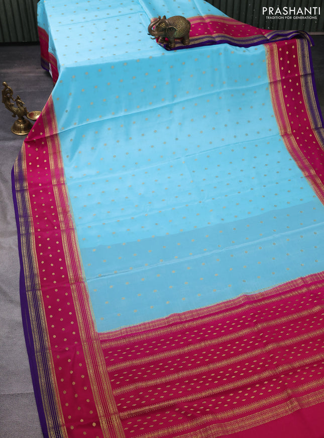 Pure mysore silk saree light blue and pink blue with zari woven buttas and long zari woven border