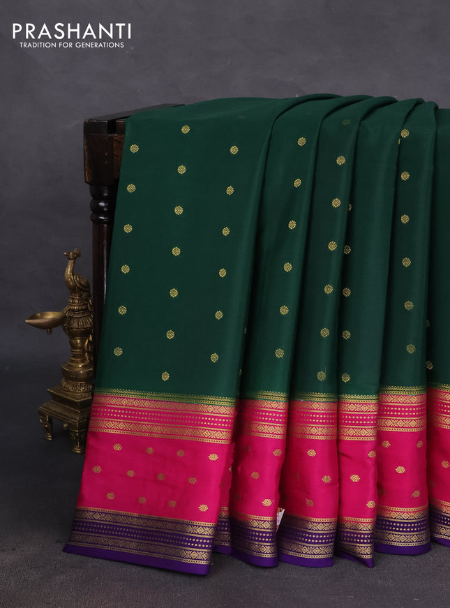 Pure mysore silk saree green and pink blue with zari woven buttas and long zari woven border
