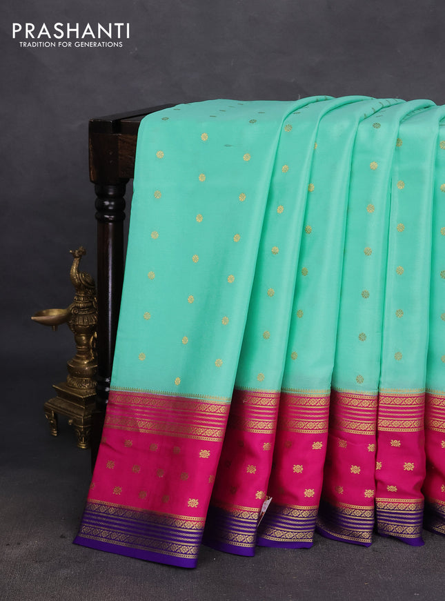 Pure mysore silk saree teal green and pink violet with zari woven buttas and long zari woven border