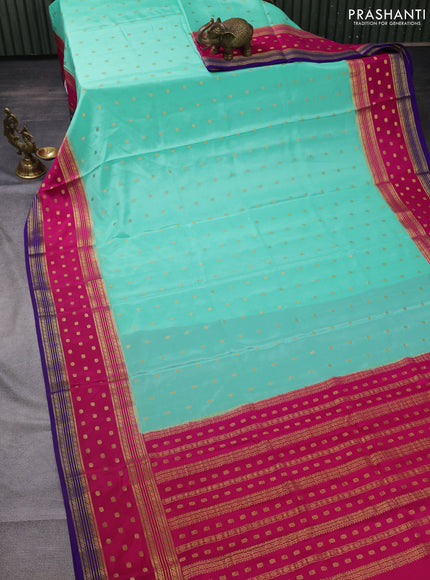Pure mysore silk saree teal green and pink violet with zari woven buttas and long zari woven border