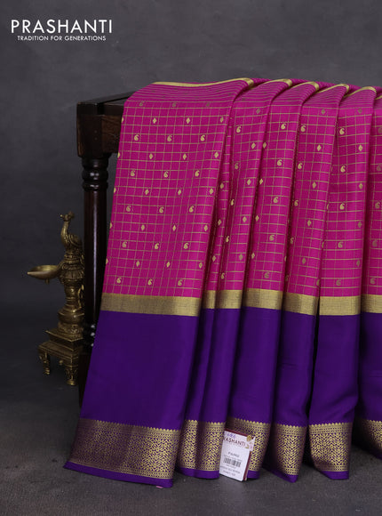 Pure mysore silk saree pink and violet with allover zari checked pattern & buttas and rettapet zari woven border