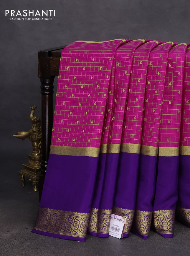 Pure mysore silk saree pink and violet with allover zari checked pattern & buttas and rettapet zari woven border
