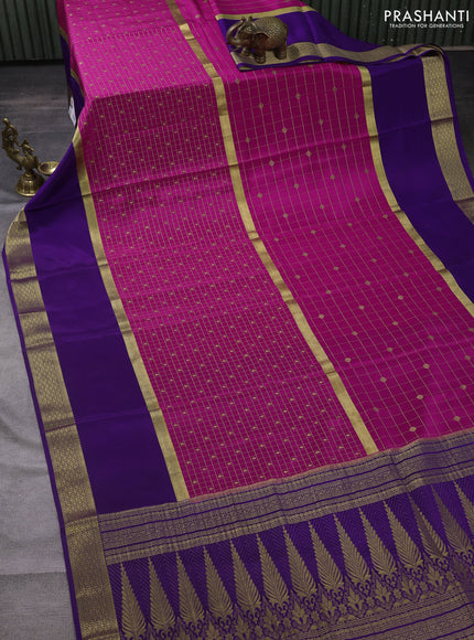 Pure mysore silk saree pink and violet with allover zari checked pattern & buttas and rettapet zari woven border