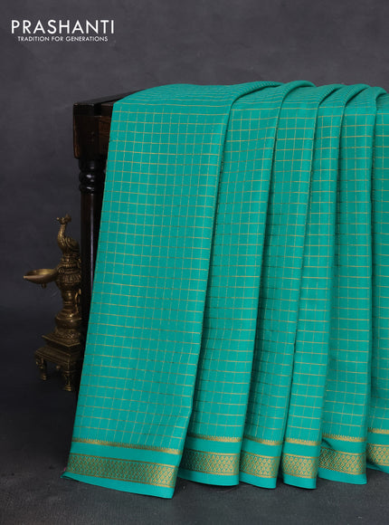 Pure mysore silk saree teal green with allover zari checked pattern and zari woven border