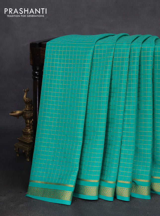 Pure mysore silk saree teal green with allover zari checked pattern and zari woven border