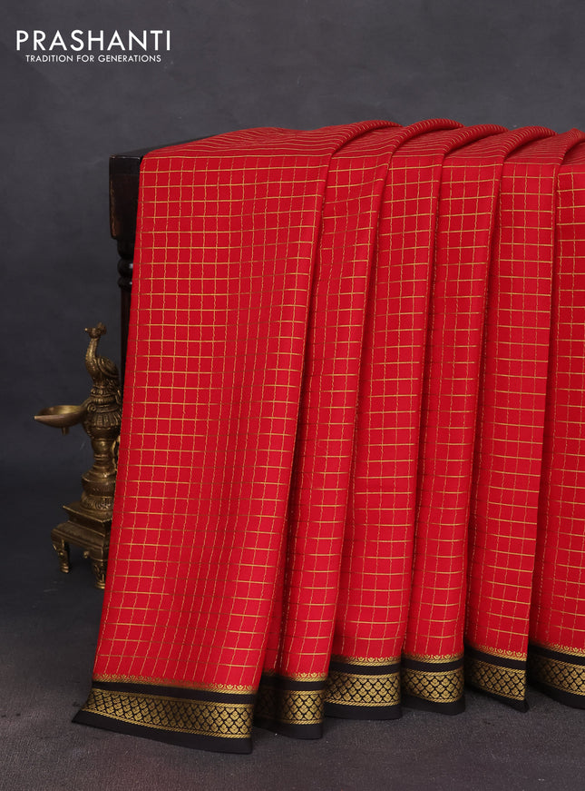 Pure mysore silk saree red and black with allover zari checked pattern and zari woven border