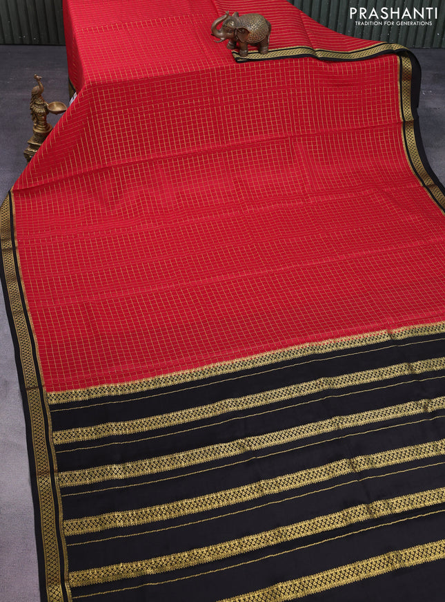 Pure mysore silk saree red and black with allover zari checked pattern and zari woven border
