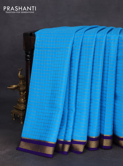 Pure mysore silk saree cs blue and blue with allover zari checked pattern and zari woven border