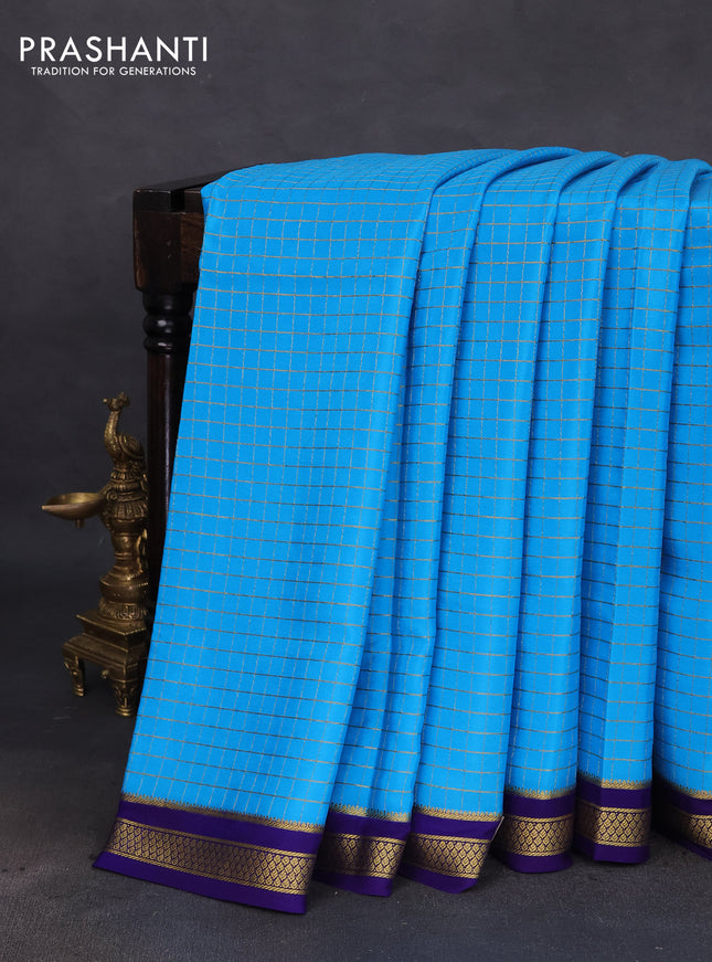 Pure mysore silk saree cs blue and blue with allover zari checked pattern and zari woven border