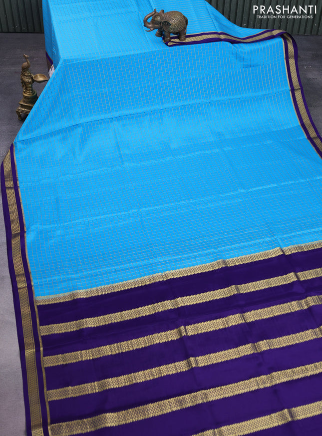 Pure mysore silk saree cs blue and blue with allover zari checked pattern and zari woven border