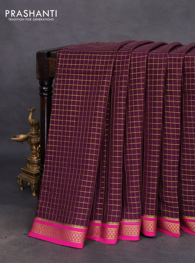 Pure mysore silk saree deep jamun and pink with allover zari checked pattern and zari woven border