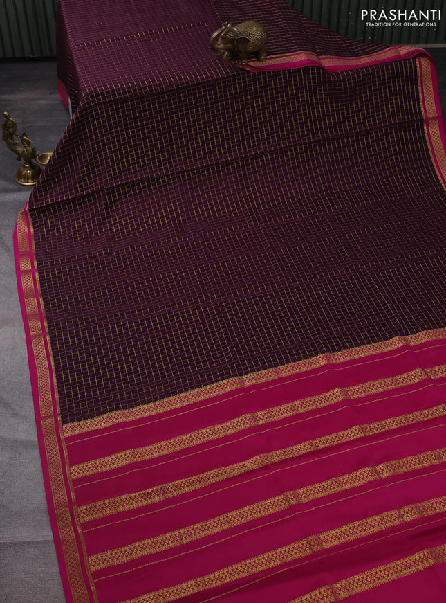 Pure mysore silk saree deep jamun and pink with allover zari checked pattern and zari woven border